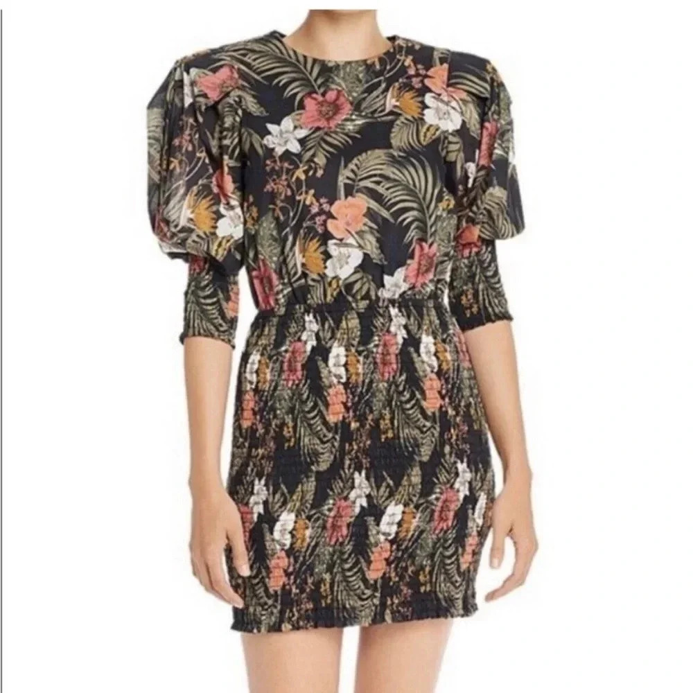 Rebecc Minkoff Black Floral Print Puff Sleeve Smocked Geneva Mini Size S - Picture 11 of 11